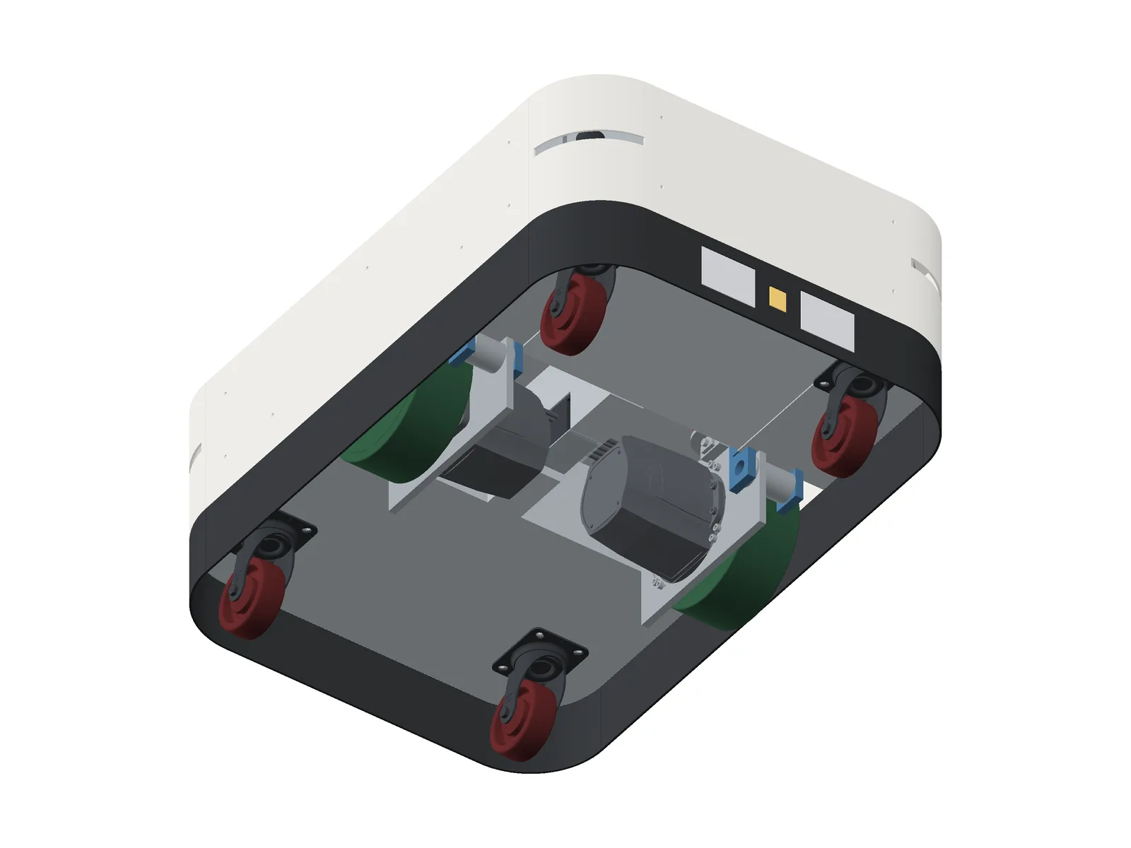 Underside of the P250: four casters, two drive wheels, battery tray.